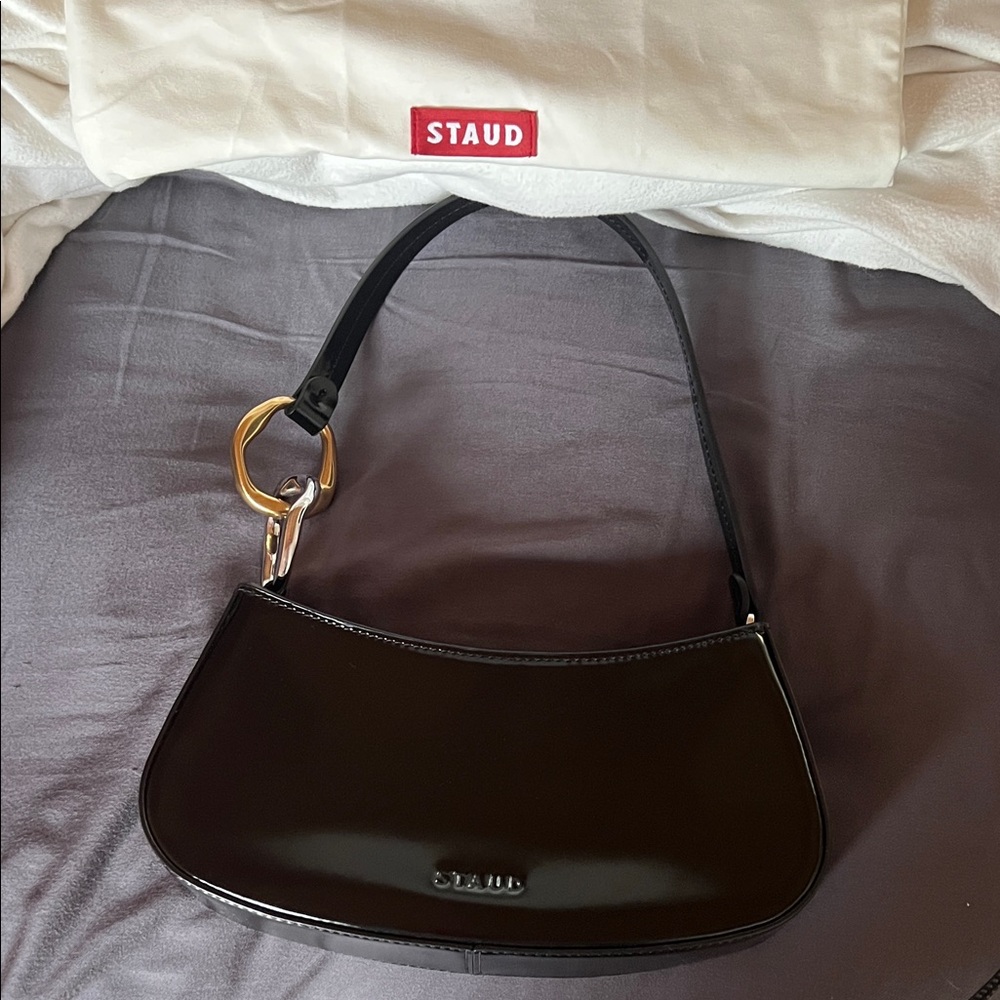 STAUD Black Patent Shoulder Bag with Gold Hardware